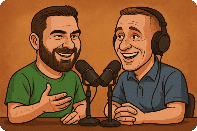 Illustration of Mark Sheffield and Kyle Reid recording the podcast